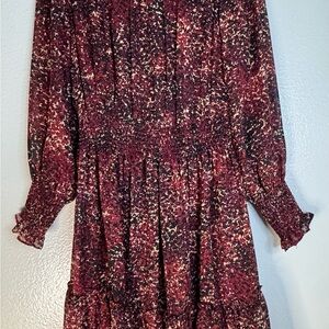 Women's Burgundy Floral Long-Sleeve Smocked Waist Dress